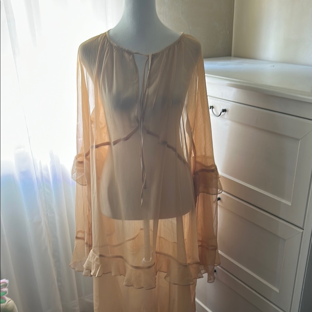Sheer Tan Ruffle Boho Maxi Dress